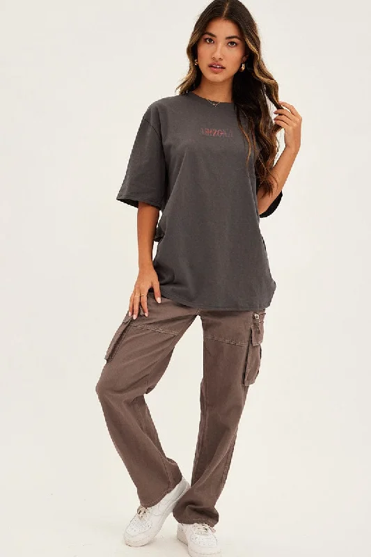 Grey Graphic T-Shirt Short Sleeve Crew Neck Oversized