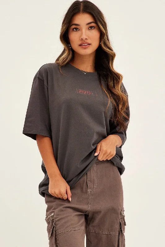 Grey Graphic T-Shirt Short Sleeve Crew Neck Oversized