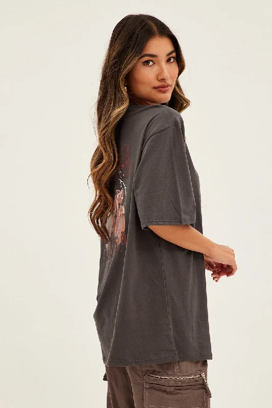 Grey Graphic T-Shirt Short Sleeve Crew Neck Oversized