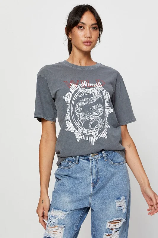 Grey Graphic T Shirt Short Sleeve