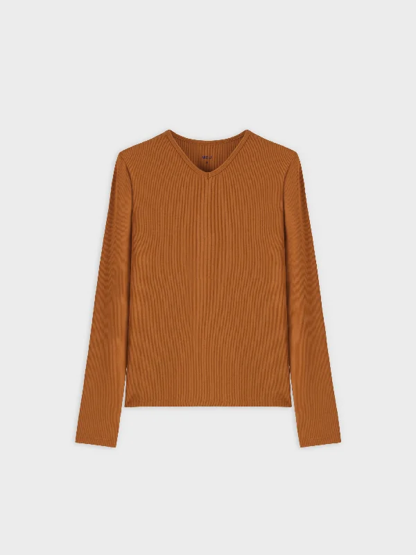 High V Ribbed Tee LS-Cognac