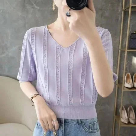 Knitted Sweet Short Sleeve Plain Shirts & Tops