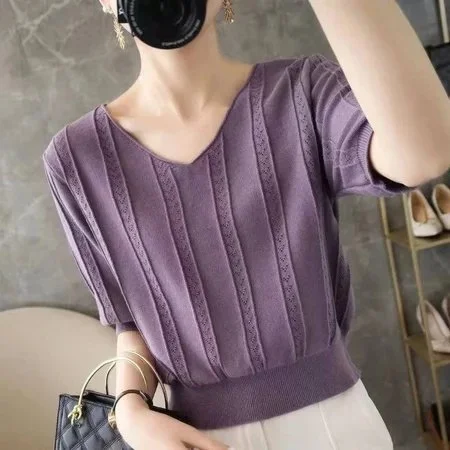 Knitted Sweet Short Sleeve Plain Shirts & Tops