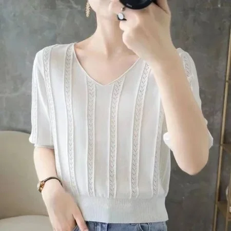 Knitted Sweet Short Sleeve Plain Shirts & Tops