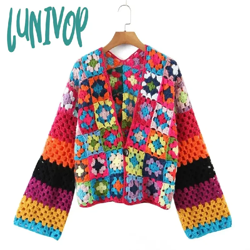 Lunivop Boho Hollow Out Cardigan Sweaters for Women Vintage Deep V Long Sleeve Autumn Sweater Loose Ethnic Plaid Jumper