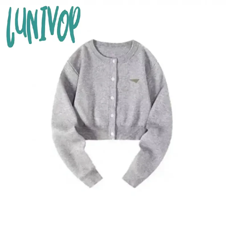 Lunivop Korean Fashion Gray Knitted Cardigan Women Harajuku Casual Black Cropped Cardigan Kpop Sweater Long Sleeve Tops Autumn