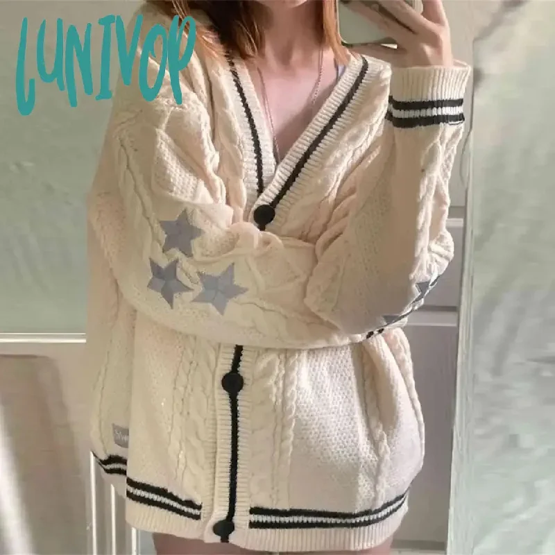 Lunivop Y2k Vintage Knitted Cardigan Women Korean Fashion Star Embroidery Sweater Casual Chic V Neck Knitwears Long Sleeve Top