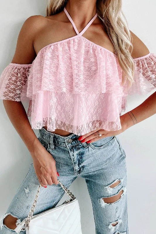 Newly Single Tiered Lace Halter Top (Soft Pink)