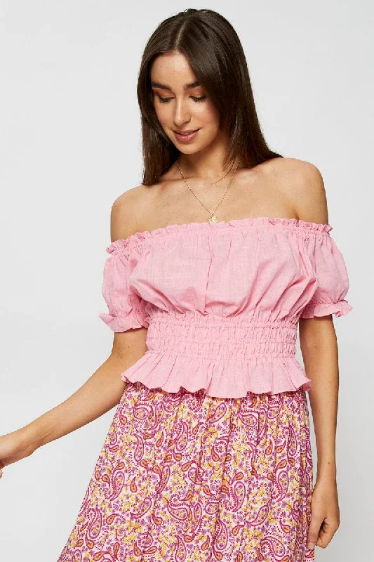 Pink Crop Top Off Shoulder