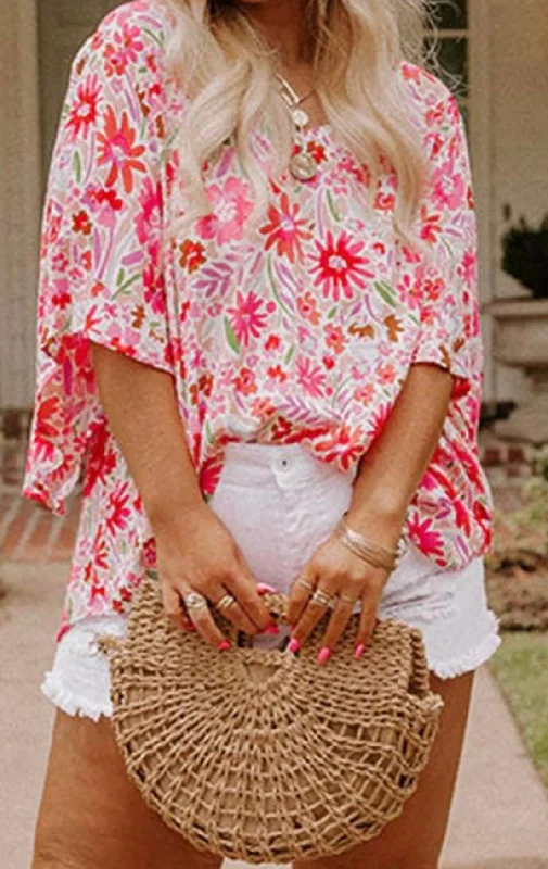 Pink Floral Ruffled Half Sleeve V-Neck  Blouse