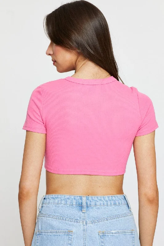 Pink Rib Crop Top Short Sleeve