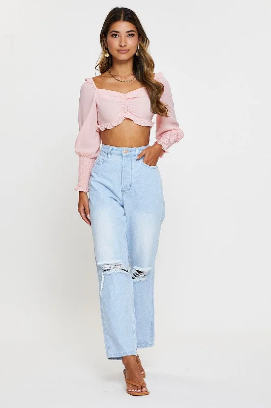 Pink Shirred Top Long Sleeve Crop