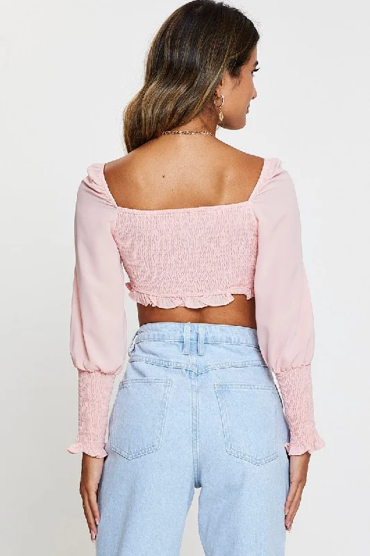 Pink Shirred Top Long Sleeve Crop