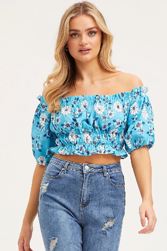 Print Crop Top Off Shoulder