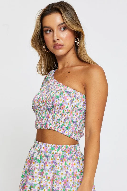 Print Crop Top One Shoulder