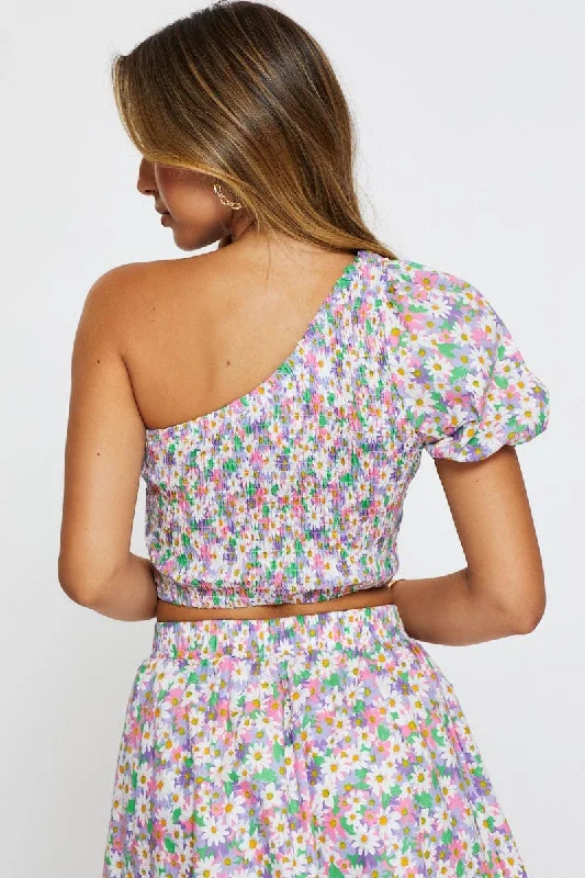 Print Crop Top One Shoulder