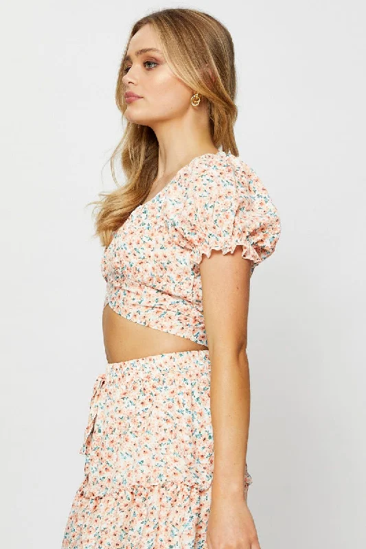 Print Crop Top Short Sleeve Off Shoulder