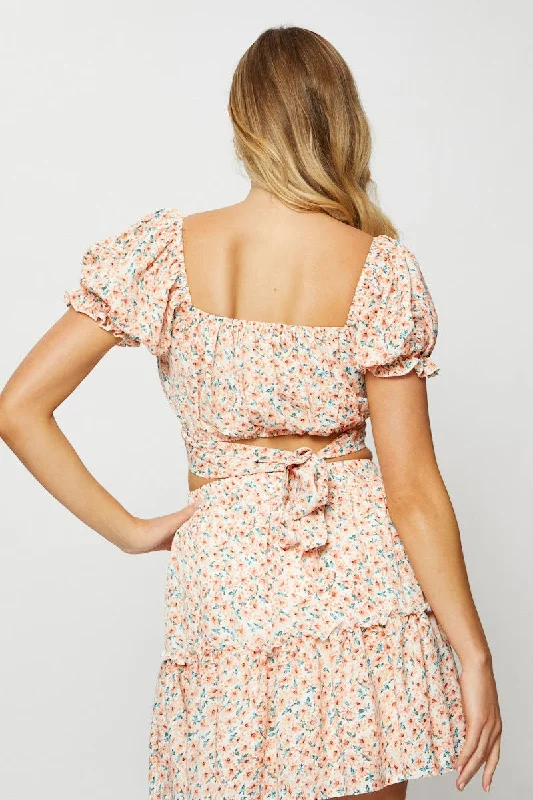 Print Crop Top Short Sleeve Off Shoulder