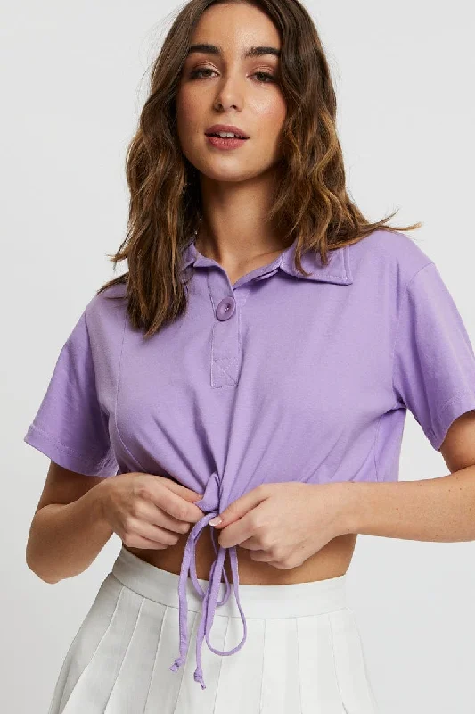 Purple Polo Collar Drawstring Crop Top