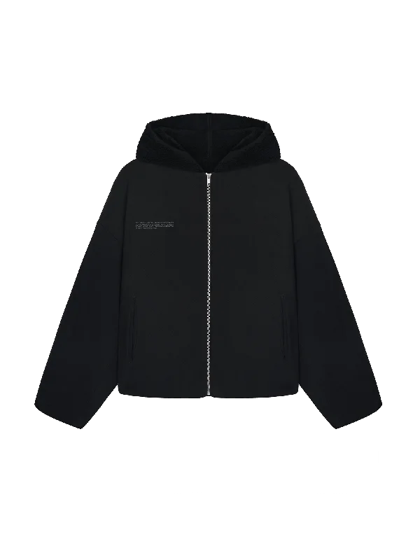 Recycled Wool Fleece Reversible Bomber Jacket—black