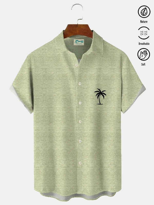 Hawaiian Coconut Tree Print Men's Button Pocket Short Sleeve Shirt