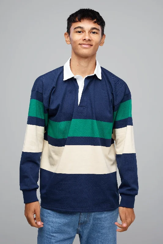 Chest Stripe Rugby Shirt - Navy/Ecru/Bottle Green