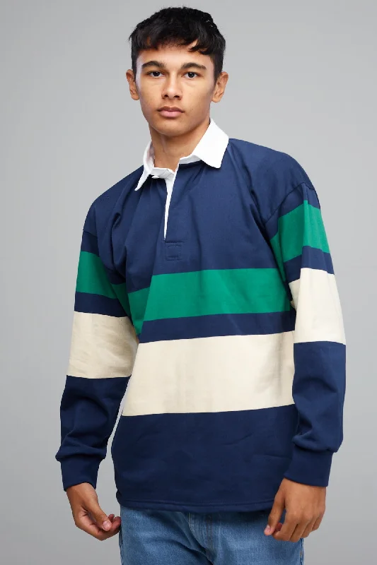 Chest Stripe Rugby Shirt - Navy/Ecru/Bottle Green