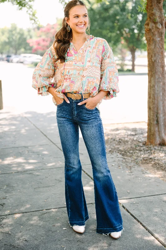 Fate: Start Your Day Taupe Brown Abstract Blouse