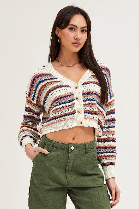 Stripe Knit Cardigan Long Sleeve V-Neck