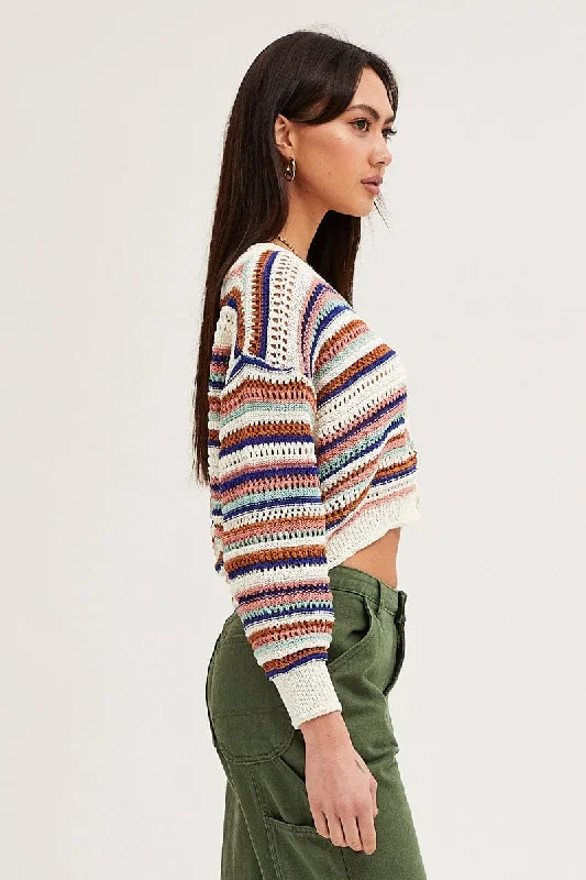 Stripe Knit Cardigan Long Sleeve V-Neck