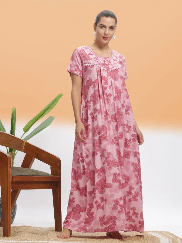 Stylish Pink Leaf Alpine Maxi Nighty - Comfortable Nightdress