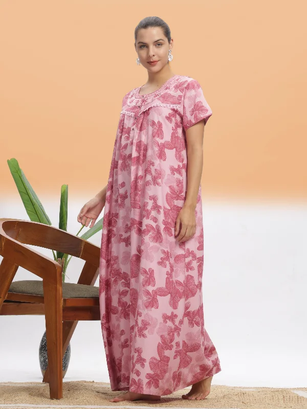 Stylish Pink Leaf Alpine Maxi Nighty - Comfortable Nightdress