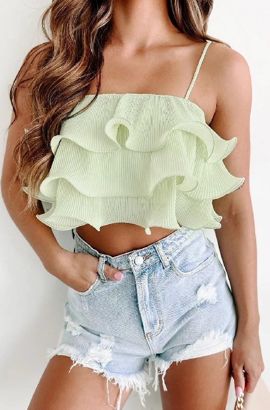 Swaying Palms Tiered Pleated Ruffle Crop Top (Sage)