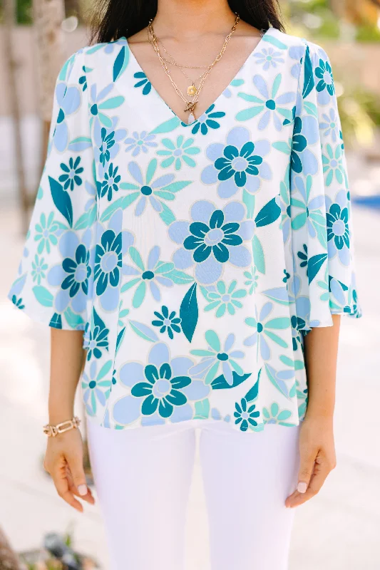 Take You There Teal Blue Floral Blouse