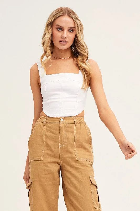 White Corset Top Sleeveless Crop Stretch Denim