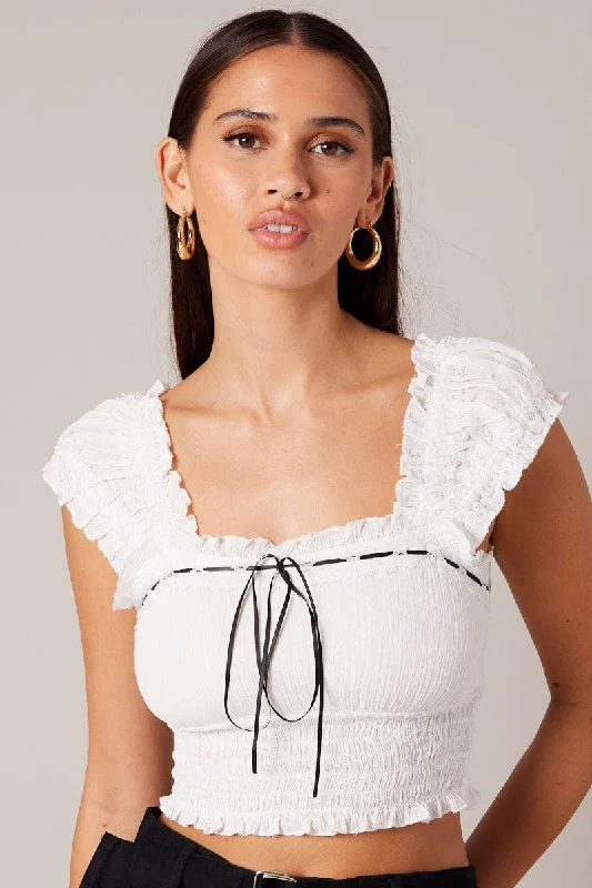 White Crop Top Sleeveless Shirred Waist Satin Bow