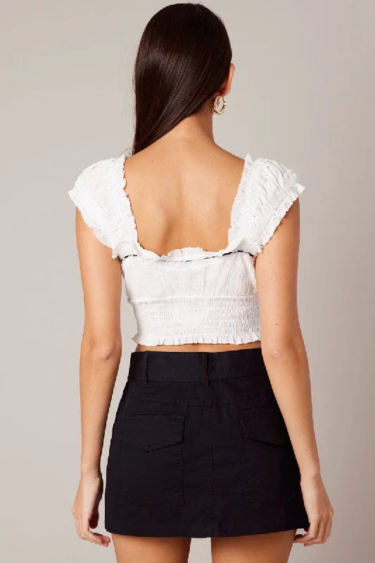 White Crop Top Sleeveless Shirred Waist Satin Bow