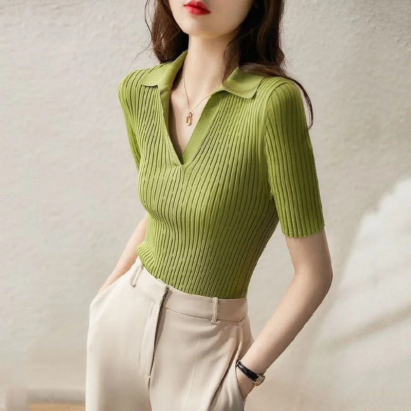 Women Sheath Casual Polo Collar solid Knitted T-shirt