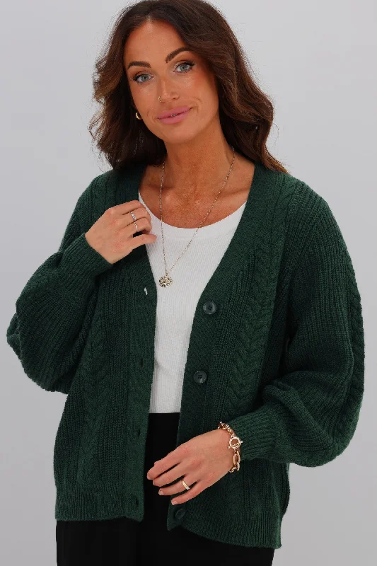 Alpine By Shine On Camille Merino Cable Knit Cardigan Forest