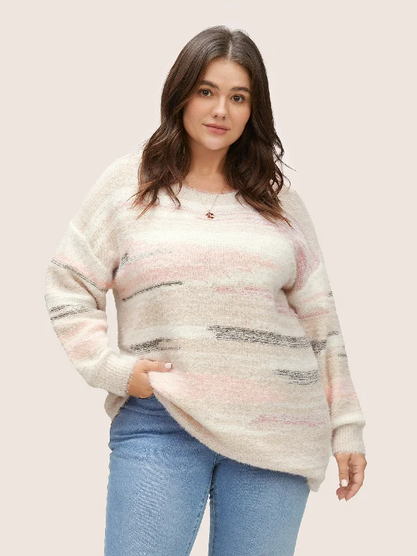 Asymmetrical Colorblock Crew Neck Fluffy Pullover