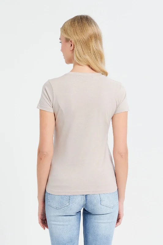 Women Beige Short Sleeve Crew Neck T-Shirt