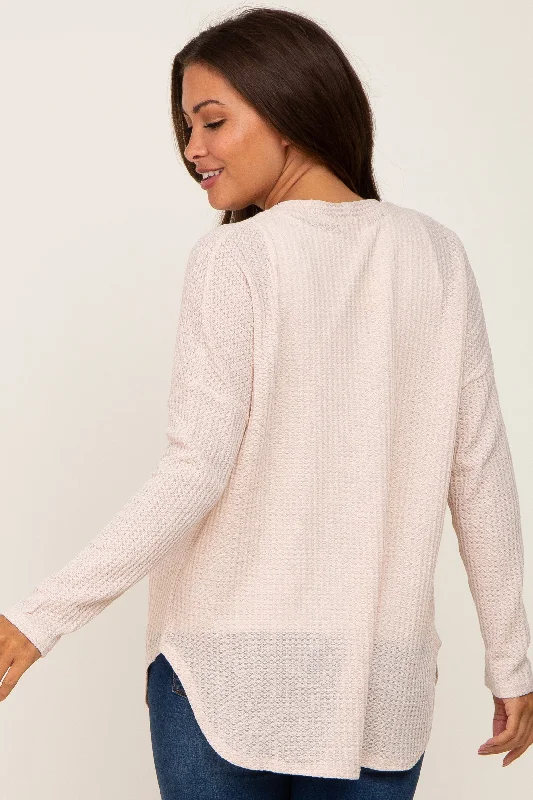 Beige Waffle Knit Button Down Maternity Top