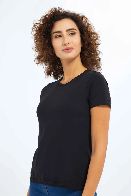 Women Black Plain T-Shirt