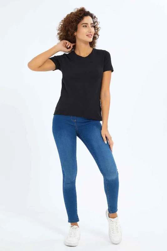 Women Black Plain T-Shirt