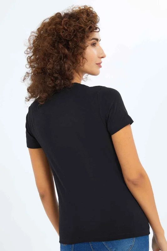 Women Black Plain T-Shirt