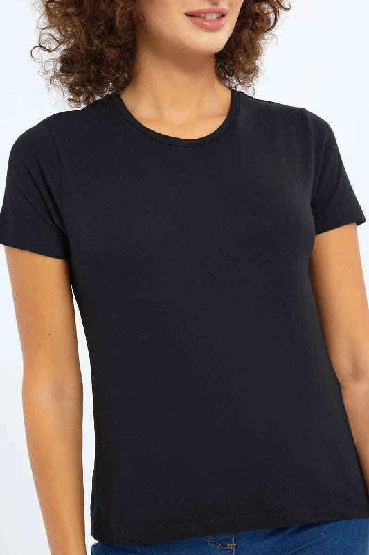 Women Black Plain T-Shirt