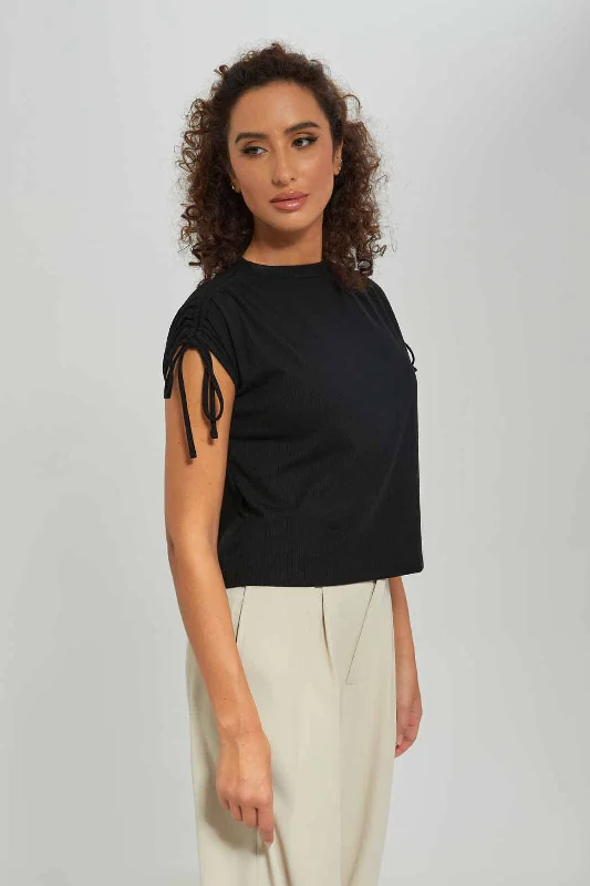 Women Black Ruched Shoulder Top