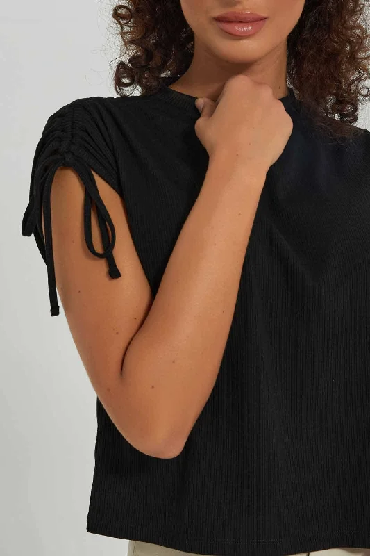 Women Black Ruched Shoulder Top