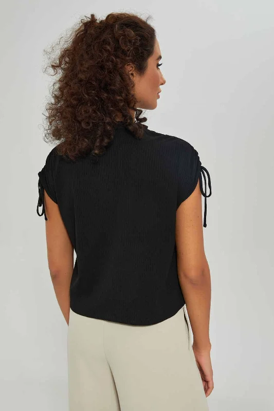 Women Black Ruched Shoulder Top