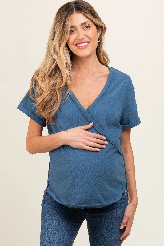 Blue Wrap Short Sleeve Raw Hem Maternity Top